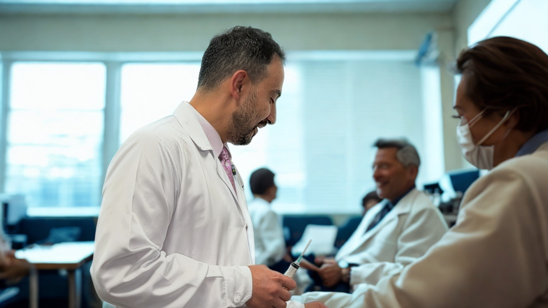 carlos bustamante con jerigna hablando amablemente con una paciente mientras le administra un tratamiento medicina neural terapeituca aimi