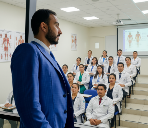 Salón de clases medicina aimi médicos sentados en un salón de clases, carlos bustamante tras el cristal de la ventana observando el salón, aimi medicina integrativa avanzada